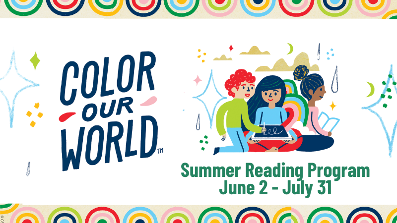 animated group of teens reading and a border of rainbows. 