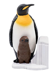 an adult penguin on an iceberg with a baby penguin in front