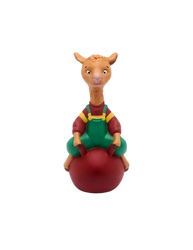 a llama dressed in a red long sleeve shirt and green overhalls sitting on a red ball