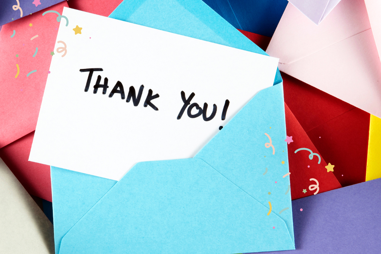 thank you note in colorful envelopes with colorful confetti