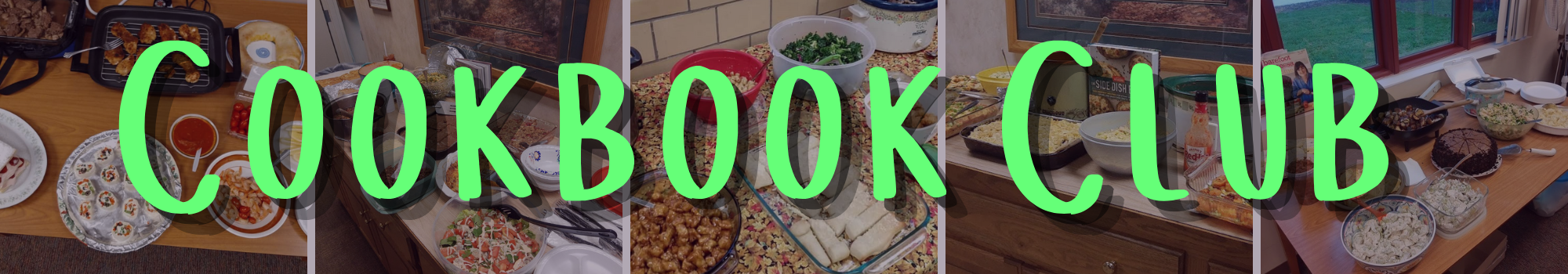 a collage of pictures that include dishes of different foods, in a potluck style.