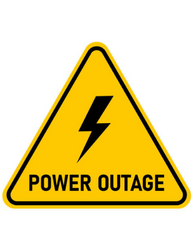 yellow triangle with the words " Power Outage" and a black lighting bolt