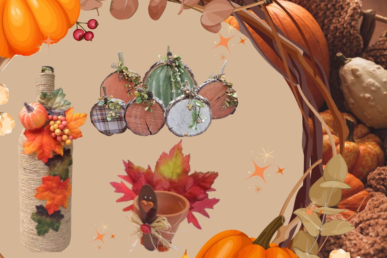 punpkins and gords in the background and the three decor crafts in in the middle. 