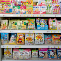 Shelves filled with international snacks.
