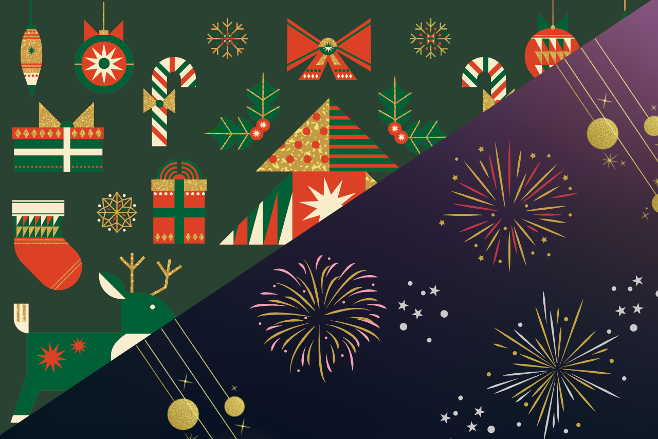 festive christmas symobls such as a Christmas tree, stockings, presents, etc.