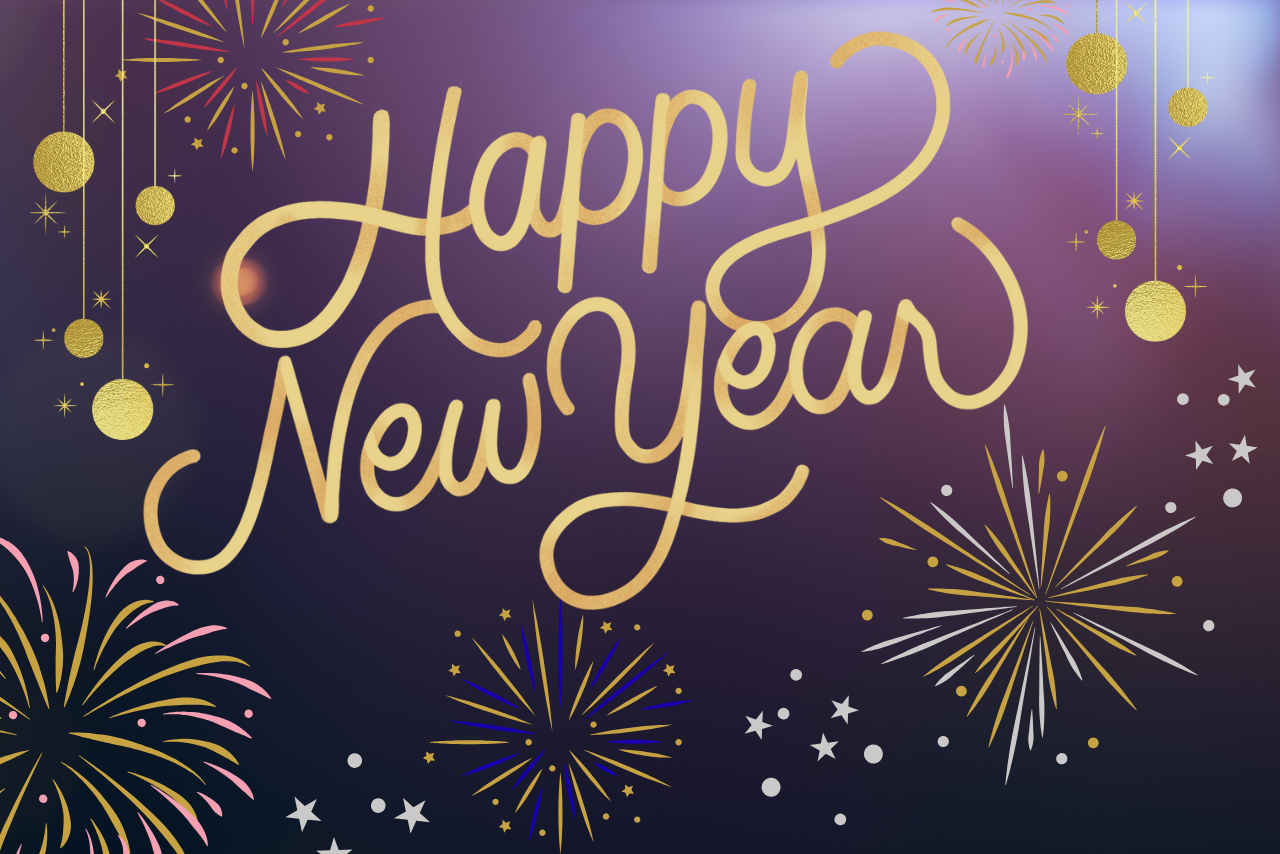 Fireworks in the behind "Happy New Year" Text