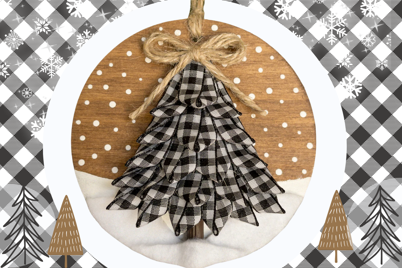 Christmas tree made from black and white ribbon as a small circle ornament