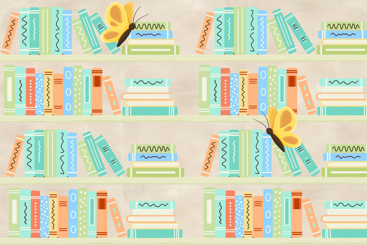 Colorful cartoon books on a shelf