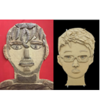 Two cardboard self-portraits side by side.