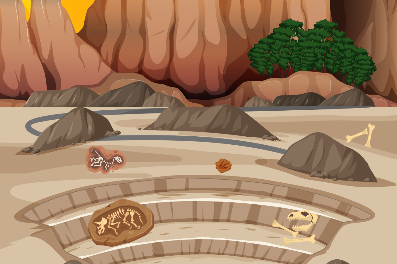 A rocky quarry with dinosaur fossils scattered about.