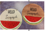 Two wooden wreaths with the words "Hello Summer" above a watermelon slice.