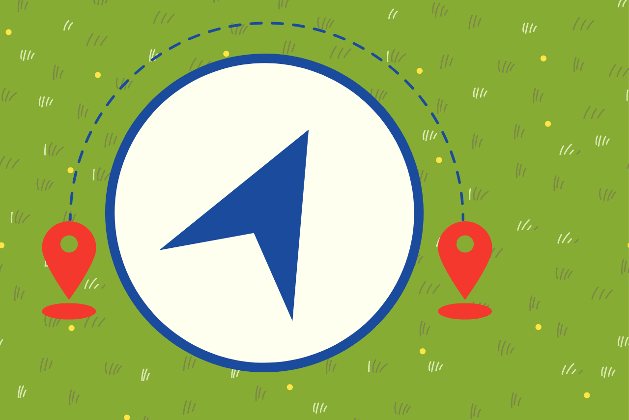 An arrow pointing Northeast bordered by travel markers above a grassy background.