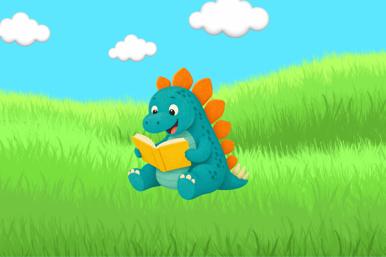 A dinosaur sits and reads a book in a grassy field.
