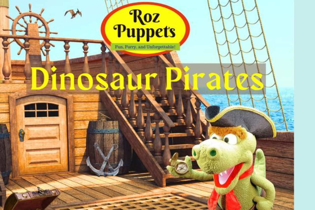 A dinosaur pirate stands on the deck of its ship.