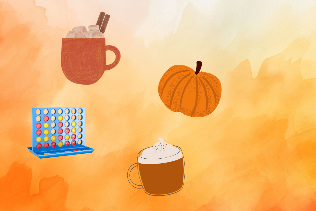 A few fall drinks, a pumpkin, and a game of connect four on a fall themed background.