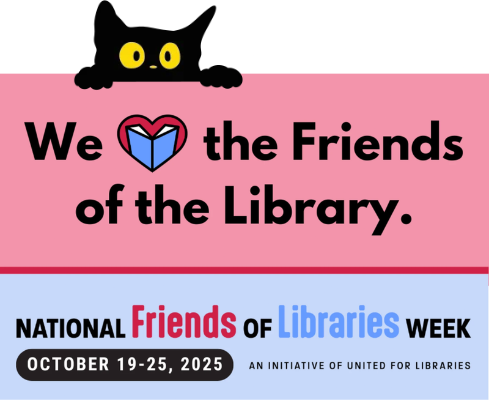 pink background and black cat peaking over text: We heart the Friends of the Library