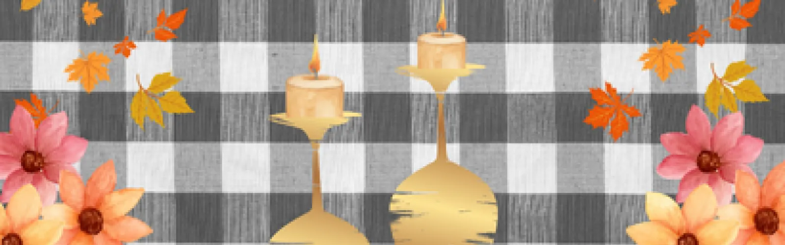 grey plaid background with 2 gold win cups upside down and a lit candle sitting ontop of the stem