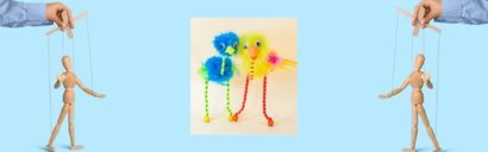 Two marionettes border a photo of two homemade ostrich marionettes.