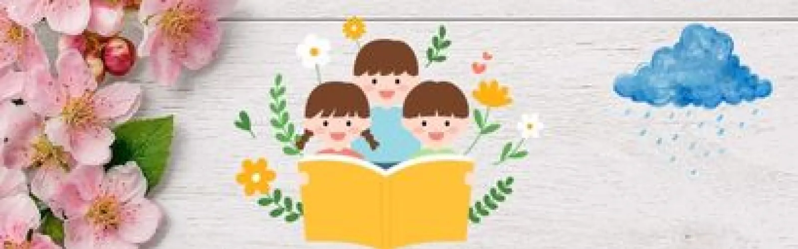 Children reading with decorative flowers and a raincloud present.