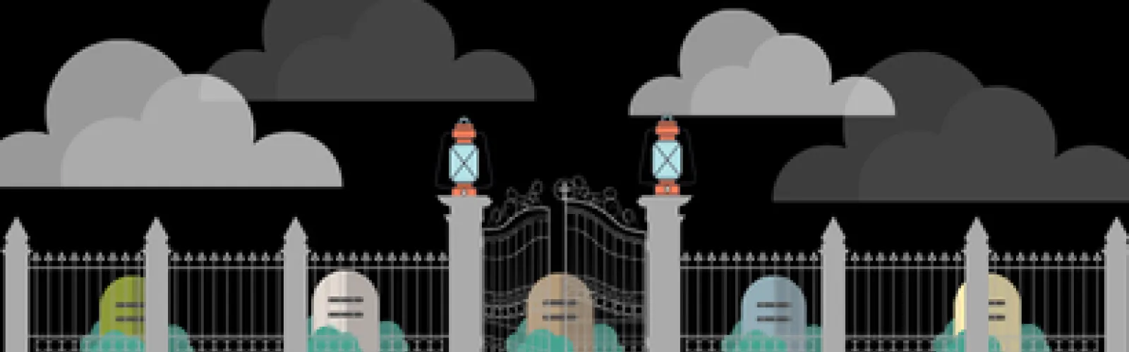 cartoon scene of a cemetery at night with a fenced gate and 5 headstones