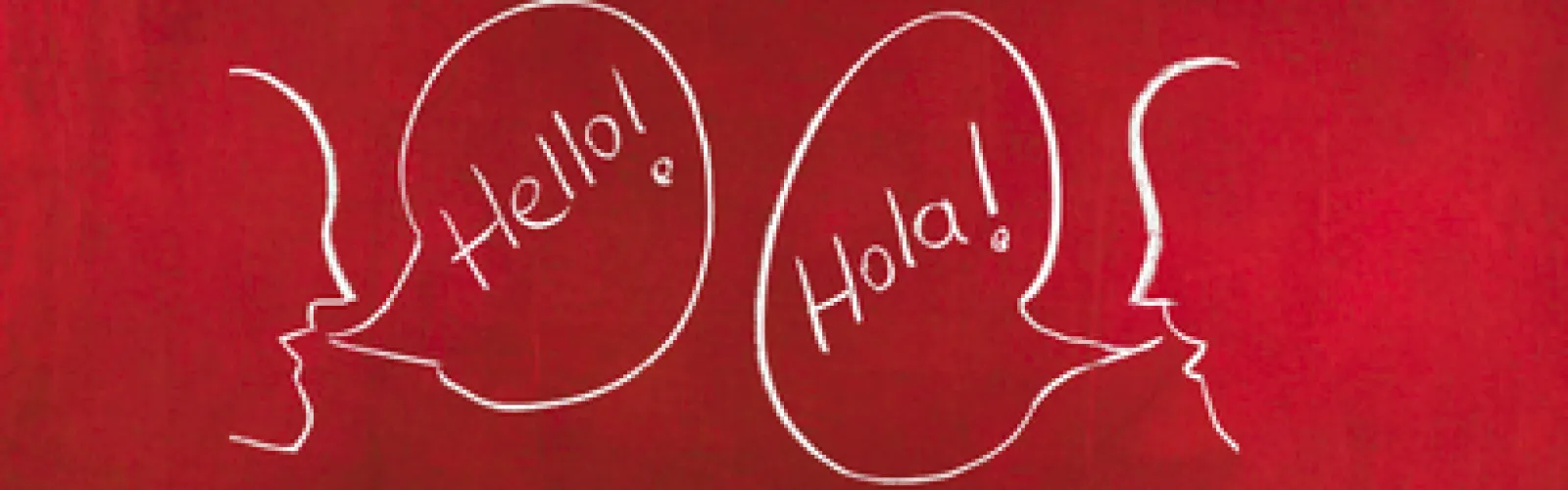 Red background with chalk outlined people saying, "Hello" and "Halo"