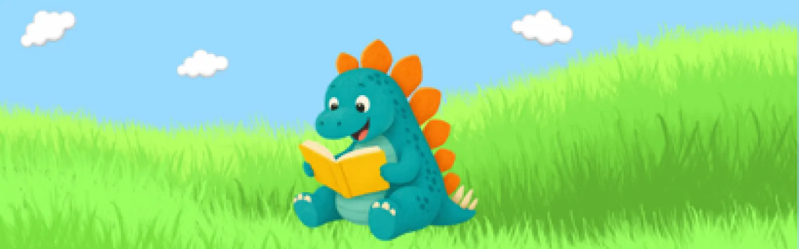 A dinosaur sits in a grassy field reading a book.