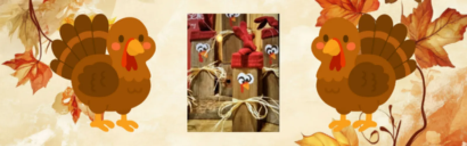 Turkey's surrounding a photo of this month's activity, a turkey made out of a wooden block.