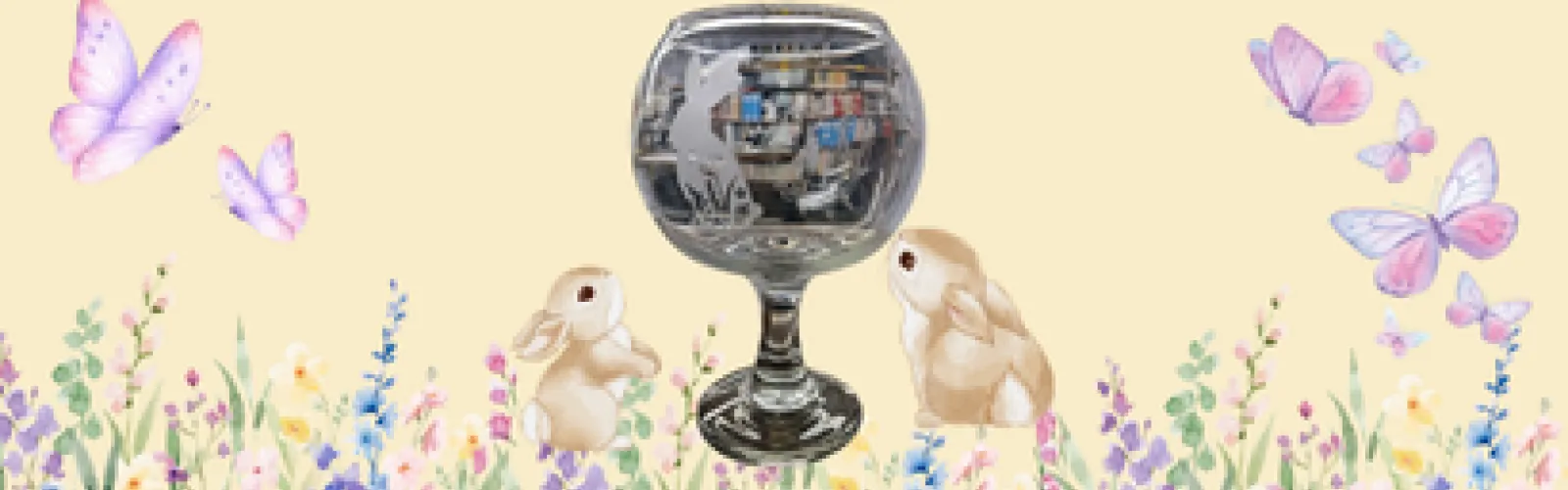 a Glass goblet with etched spring designs on a yellow background