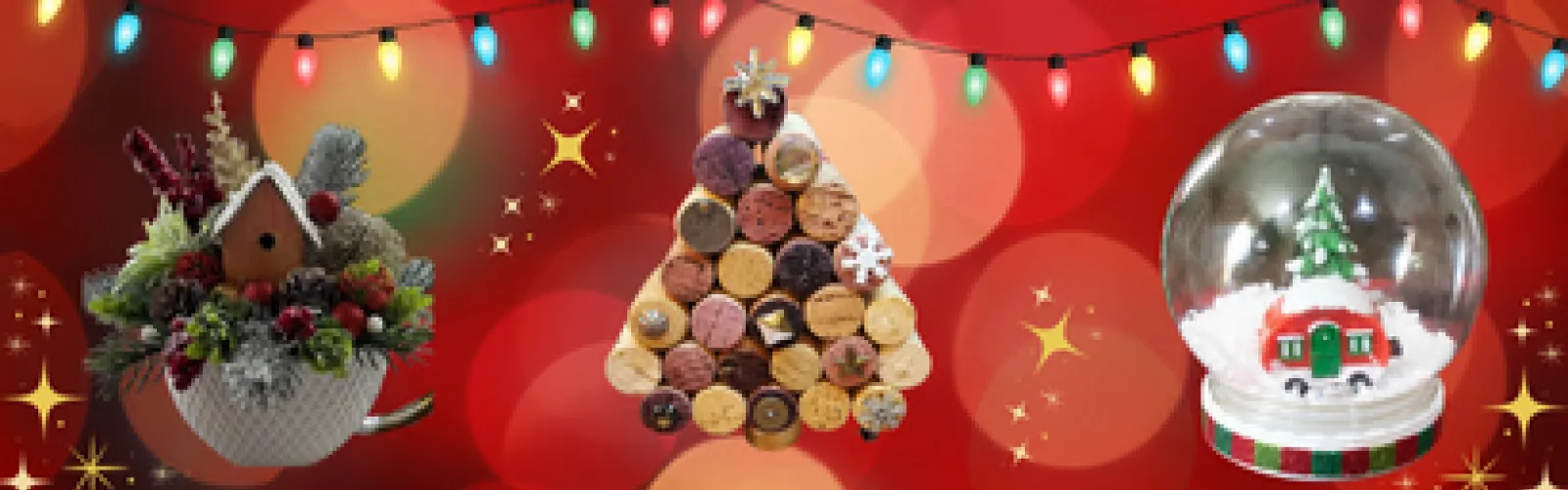 red background and a christmas mug, a christmas tree made from corks, and a homemade snow globe