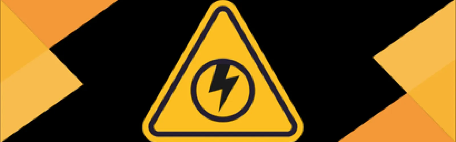 black background with a yellow triangle with a lightning bolt on it and orange and yellow triangles on the sides