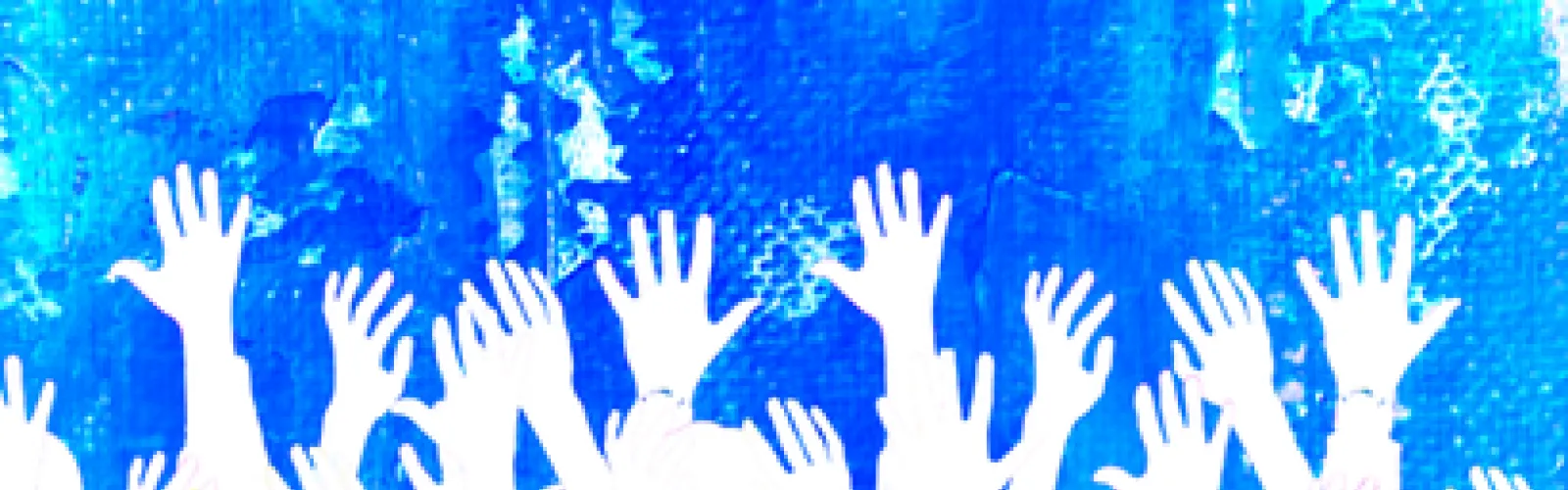 A blue background with white silhouettes of raised hands.
