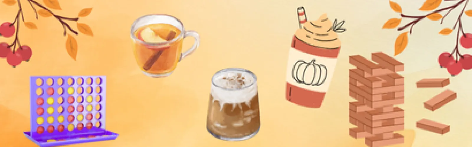fall elements with three different beverages, a purple connect 4, and a jenga