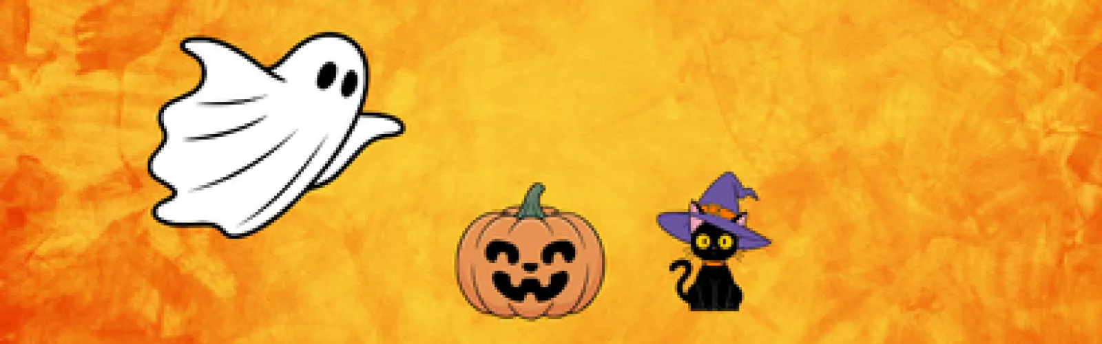 A ghost, a jack-o-lantern, and a black cat with a witch's hat sit before an orange background.