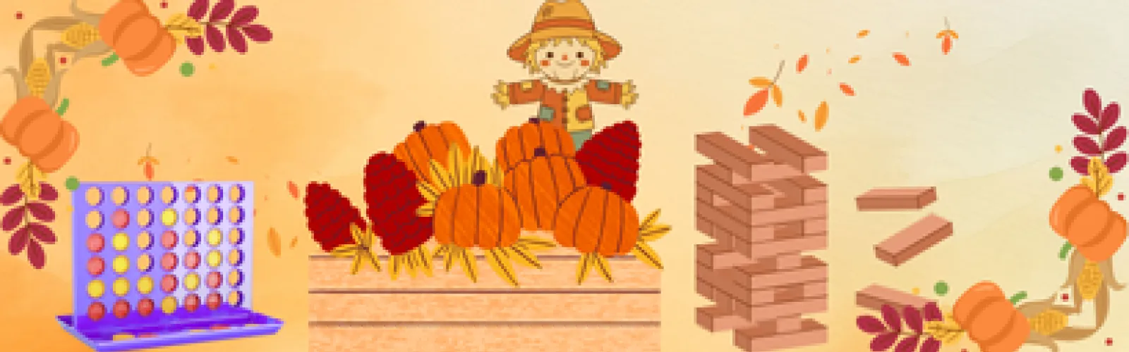 fall elements with a basket of pumpkins, a purple connect 4, and a jenga
